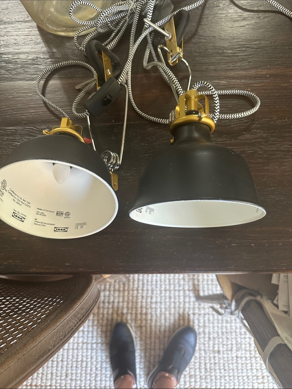 Black and White IKEA Clip-On Pendant Lamps with Gold Accents Pair
